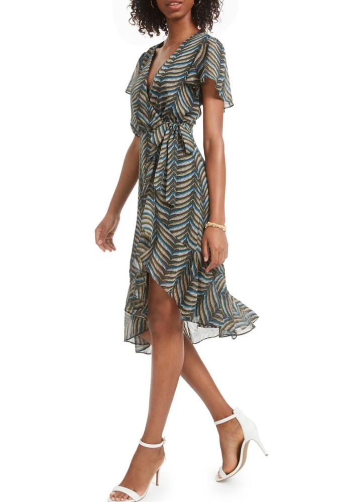 Green Printed Short Sleeve Knee Length Sheath